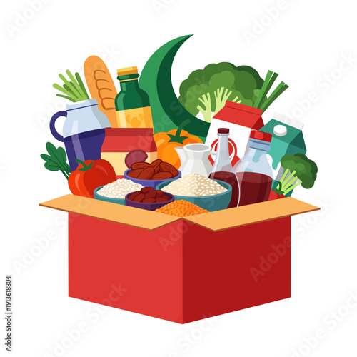 Ramadan Food Donation Box with Dates, Grains, and Vegetables for Iftar Charity