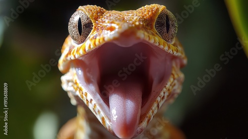 Close up of a lizard with its forked tongue flickering out showing its sharp teeth and textured skin in a natural setting
