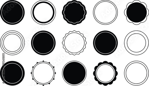 A varied assortment of black and white circular frames and solid round badge designs