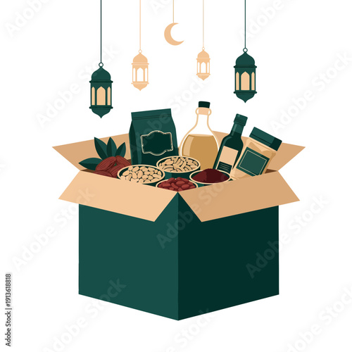 Ramadan Gift Box with Dates and Healthy Groceries for Iftar and Islamic Celebration Concept