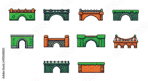 A collection of ten pixel art bridges and bridge structures in various designs and colors, suitable for video game environments or digital art.