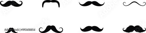 Eight Black Mustache Silhouettes On White Background Keywords: mustache, moustache, facial hair, beard, style, retro, vintage