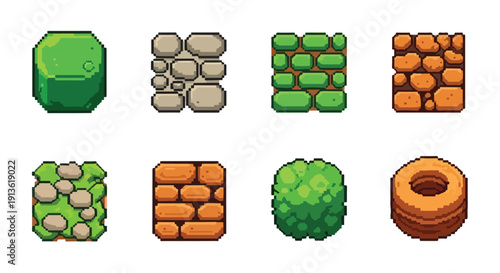 A varied collection of pixel art game sprites and textures, featuring natural elements, building blocks, and distinct objects.