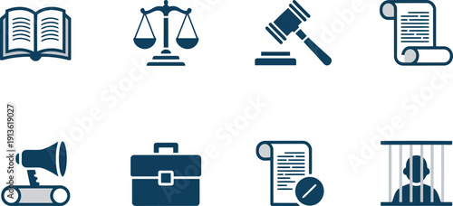 A varied collection of legal and justice system icons in blue and grey illustrating key concepts