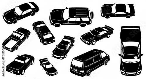 Collection of black car silhouettes in various styles and perspectives.