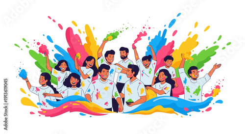 Illustration of people celebrating Holi Festival of Colors with colorful paint splashes in a vibrant and joyful scene.