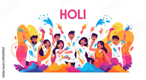 Illustration of people celebrating Holi Festival of Colors in India with colorful smoke and splashes, abstract design with silhouettes of men, women, and kids in a vibrant, joyful scene.