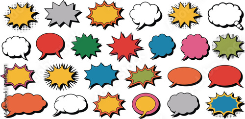 A vibrant collection of pop art style comic speech and explosion bubbles for expressive communication