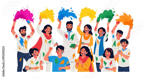 Illustration of people celebrating Holi Festival of Colors with colorful powder in a vibrant and joyful scene.