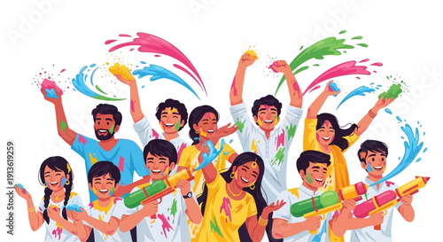 Illustration of people celebrating Holi Festival of Colors in India with colorful smoke and powder, joyful crowd of kids and adults with vibrant colors.