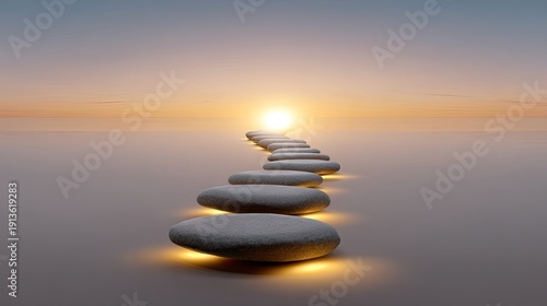 Tranquil Pathway of Smooth Stones Leading Toward a Peaceful Sunset Over Calm Waters, Evoking Serenity and Reflection in Nature's Beauty