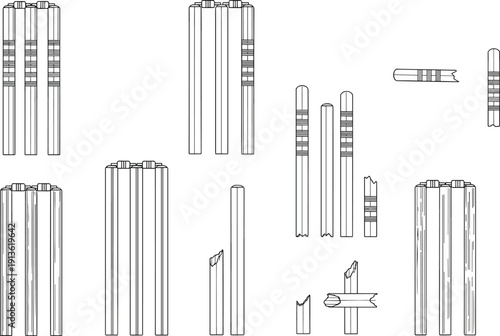 Minimalist cricket wicket line art illustration featuring multiple sets of stumps and bails in various states for sports coaching, instructional diagrams, and equipment design