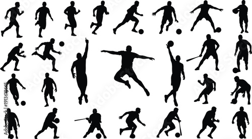 Minimalist black silhouettes of various male athletes playing sports like football, basketball, and baseball isolated on white background for athletic competition and fitness concepts