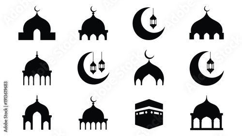 Ramadan logo silhouettes collection with mosque crescent moon and lantern icons on white background for islamic design