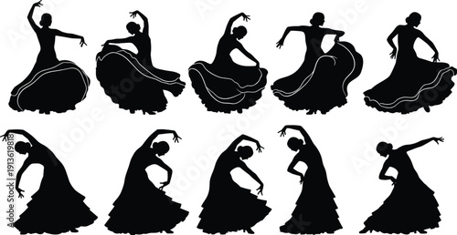 Black silhouette of graceful flamenco dancers in traditional dresses performing elegant Spanish folk dance moves isolated on white background for cultural artistic design projects.