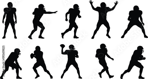 Black silhouette of American football players in different action poses like running and throwing isolated on white background for sports graphic design projects.