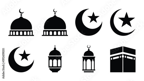 Islamic cultural symbol vector set featuring mosque domes crescent moons stars lanterns and kaaba black icons on white background for ramadan and eid celebrations