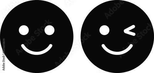 Two black circle smiley face icons one winking one smiling on white background emoticon happy