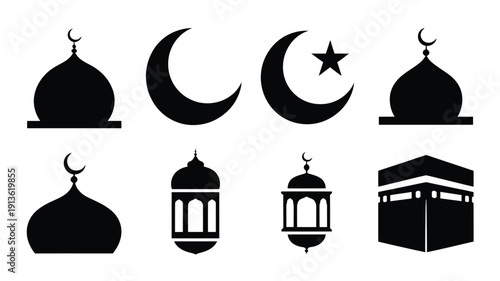 Islamic cultural symbols vector set featuring mosque domes crescent moons stars and lanterns on white background for ramadan and eid celebrations