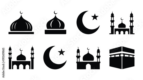 Islamic architecture and symbol icons mosques domes minarets crescent moons and kaaba symbols in black on white background