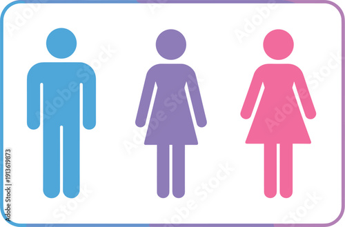 Three Stylized Human Figures In Blue Purple And Pink Colors Keywords: people, figures, icons, symbols, gender, male, female