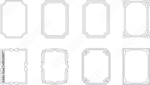 An elegant collection of eight decorative frame borders with varied classic designs on a simple white background