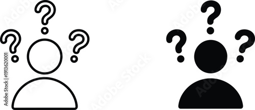 Two icons of a person with question marks above their head one outlined one solid Keywords: question mark, thinking, confusion