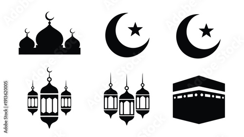 Islamic religious symbols bundle mosque crescent moon lanterns and kaaba illustrations