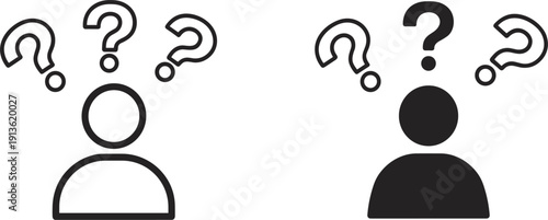 Two person icons with question marks above heads on white background Keywords: question mark, icon, symbol, thinking, confusion