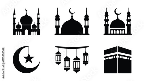 Ramadan kareem icon set featuring mosque silhouettes crescent moon star lanterns and kaaba black icons on white background for islamic holiday celebrations