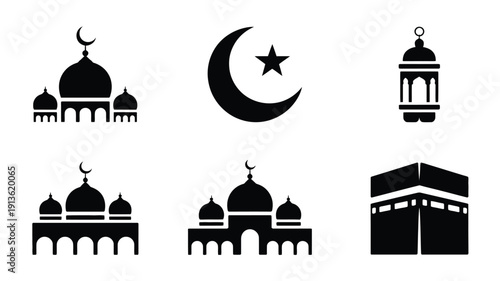 Islamic silhouette icons featuring mosque domes crescent moons and kaaba symbolizing muslim culture and faith