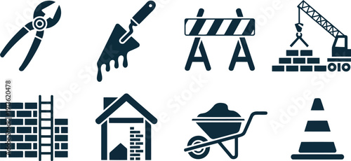 Collection of dark blue construction and building site tools with elements like cranes and traffic cones