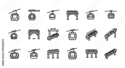 Collection of cable car and monorail icons in a simple line art style.