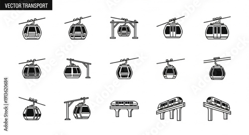 Collection of cable car and monorail icons for transportation.