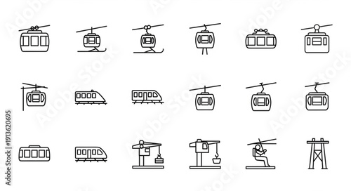 Collection of cable car and ski lift icons in a grid.