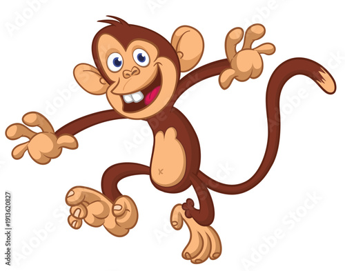 Cartoon funny brown monkey chimpanzee jumping or dancing. Vector illustration isolated on white