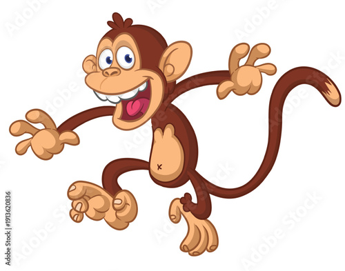 Cartoon funny brown monkey chimpanzee jumping or dancing. Vector illustration isolated on white