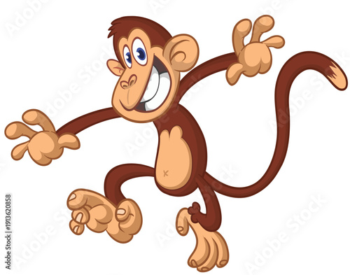 Cartoon funny brown monkey chimpanzee jumping or dancing. Vector illustration isolated on white