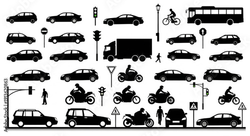 Collection of Black Silhouettes of Various Vehicles and People.