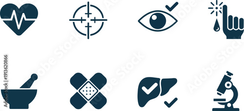 Collection of healthcare and medical icons illustrating various diagnostic tools, treatments, and scientific research symbols