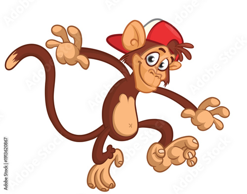Cartoon funny brown monkey chimpanzee jumping or dancing. Vector illustration isolated on white