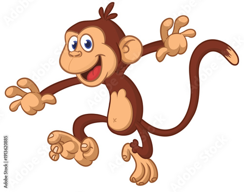 Cartoon funny brown monkey chimpanzee jumping or dancing. Vector illustration isolated on white