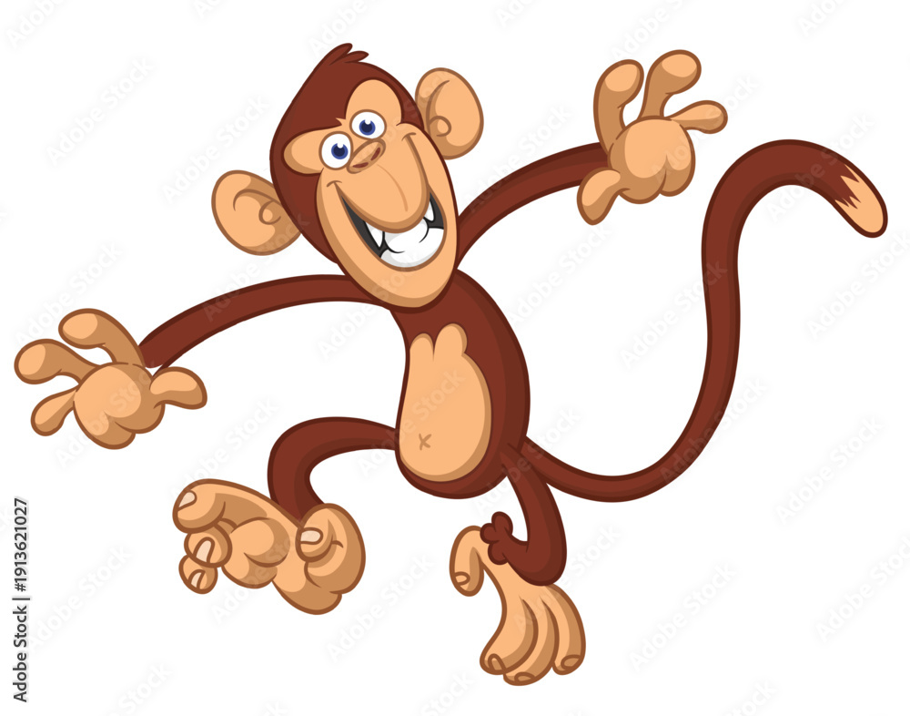 Obraz premium Cartoon funny brown monkey chimpanzee jumping or dancing. Vector illustration isolated on white