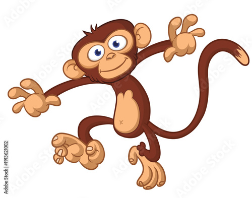 Cartoon funny brown monkey chimpanzee jumping or dancing. Vector illustration isolated on white