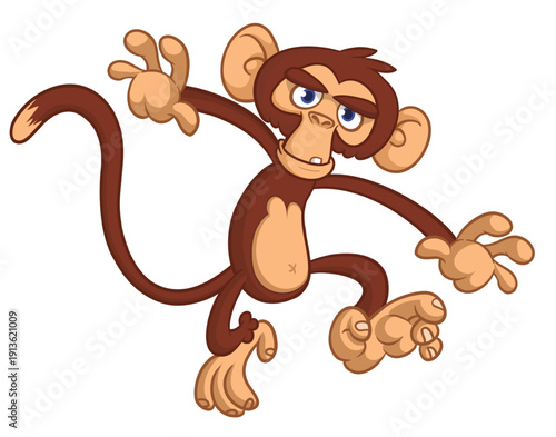 Cartoon funny brown monkey chimpanzee jumping or dancing. Vector illustration isolated on white