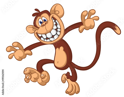 Cartoon funny brown monkey chimpanzee jumping or dancing. Vector illustration isolated on white