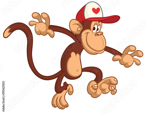 Cartoon funny brown monkey chimpanzee jumping or dancing. Vector illustration isolated on white