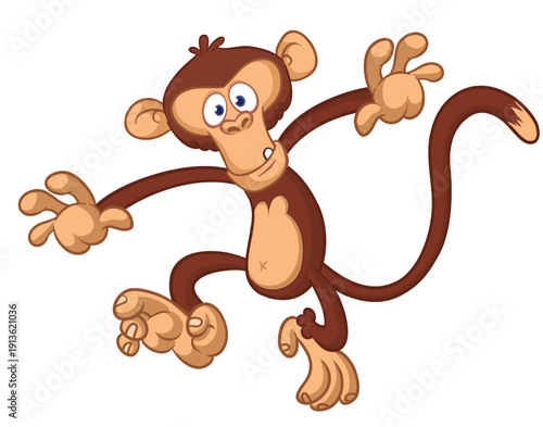 Cartoon funny brown monkey chimpanzee jumping or dancing. Vector illustration isolated on white