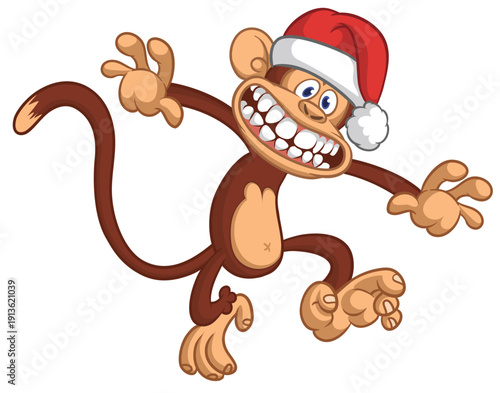Cartoon funny brown monkey chimpanzee wearing Santa hat. Vector illustration for Christmas or New Year party