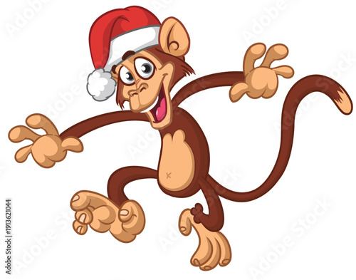 Cartoon funny brown monkey chimpanzee wearing Santa hat. Vector illustration for Christmas or New Year party